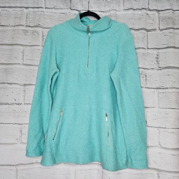 Soft Surroundings Knit Westport Zip Pockets 1/4 Zip Pullover Sweater Teal Large - Picture 1 of 14